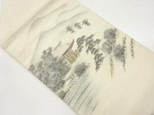 手描き寺院に山模様織出し名古屋帯